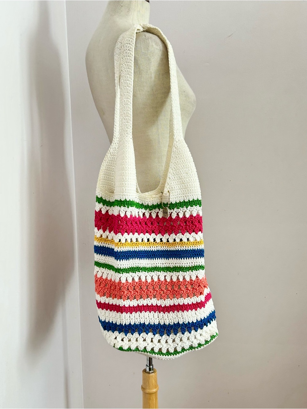 The Sak Venice Beach Colorful Rainbow Stripe Crochet Knit Bucket Tote Bag